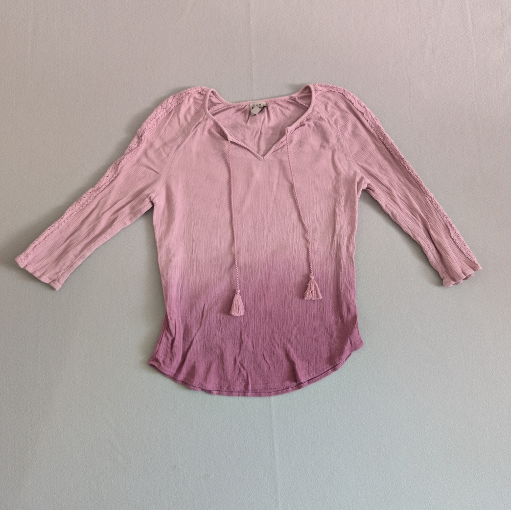 Purple Ombre Tassel Tie Neck Peasant Boho Top Blouse Sz M Festival Summer Spring image 4